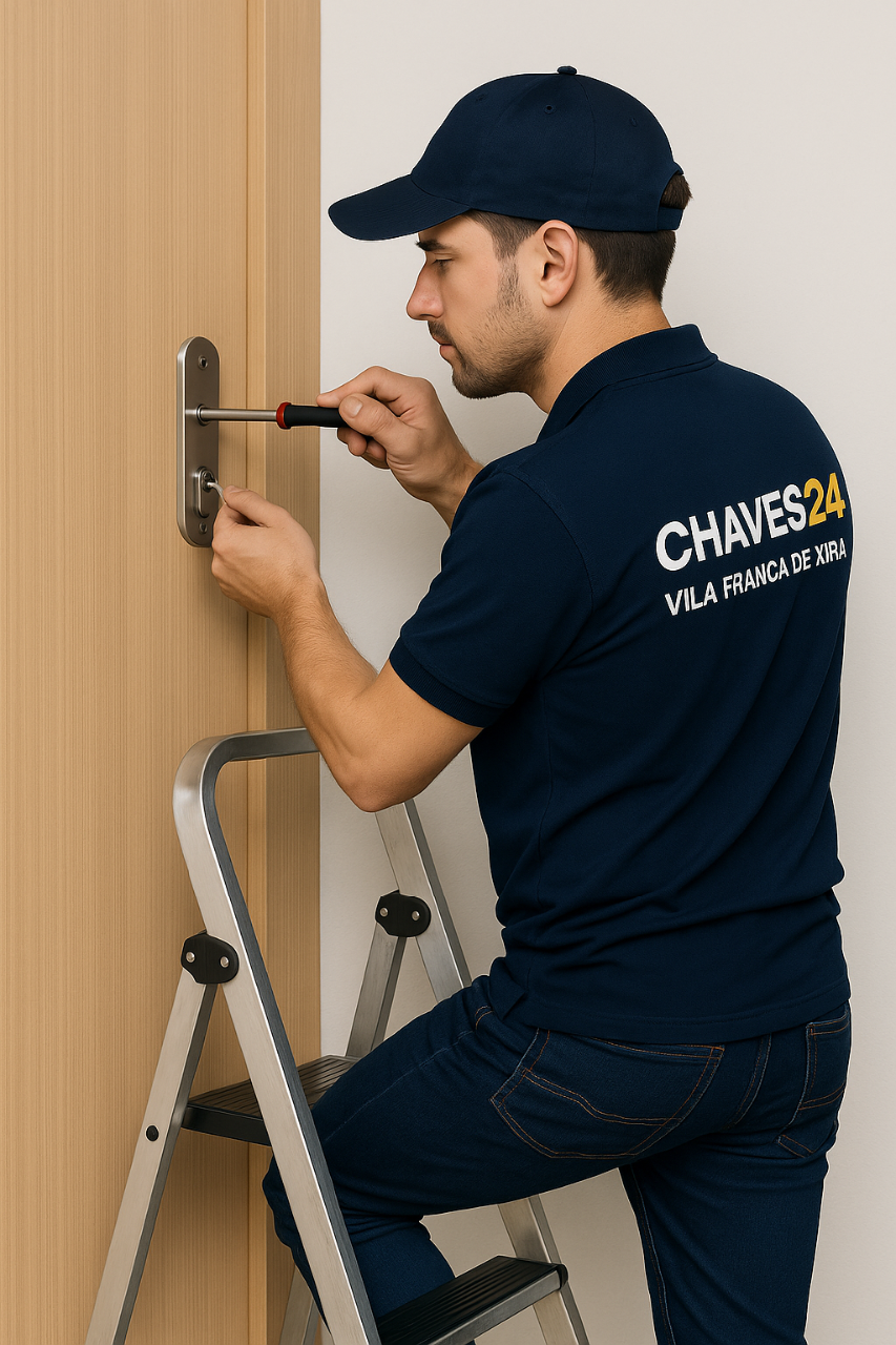 Técnico CHAVES24 Vila Franca de Xira a abrir uma porta em Vila Franca